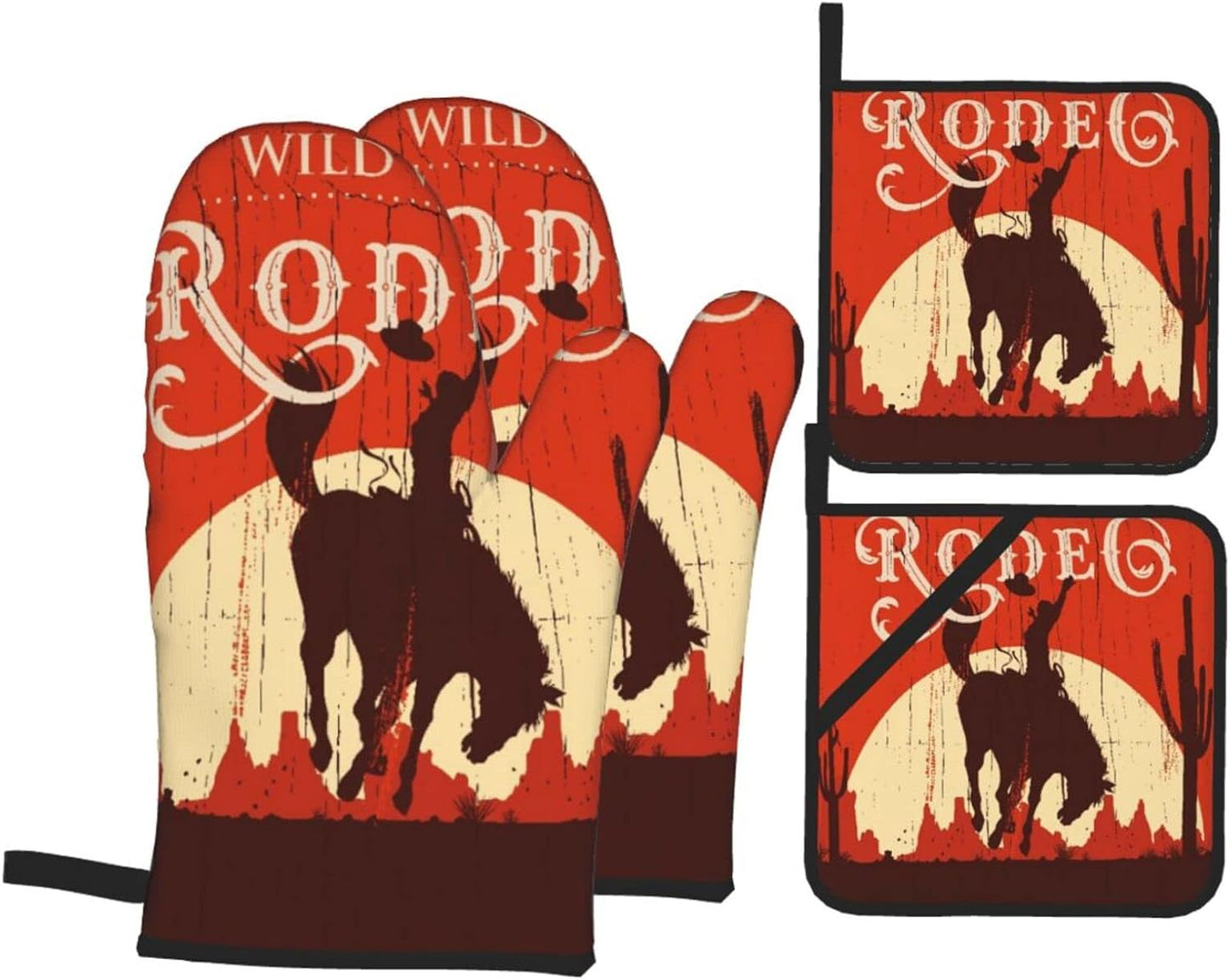 Oven Mitts and Pot Holders Sets of 4,Cowboy Horse Sunset Saguaro Desert Wild West Rodeo Vintage Wooden Sign Print,Oven Mitts Heat Resistant Oven Gloves Set Potholders for Kitchen Baking Grilling
