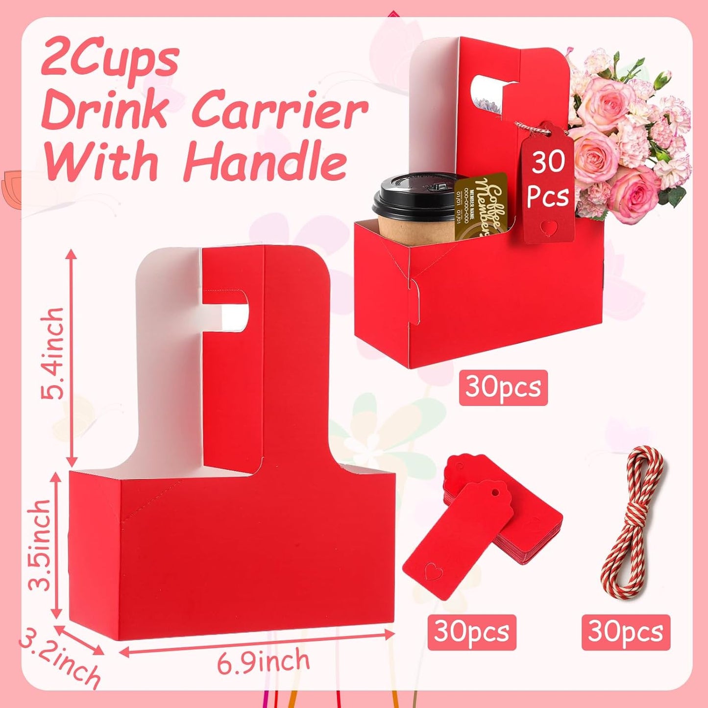 30 Pack 2 Cup Disposable Drink Carrier with Handle Paperboard Coffee Cup Holder Portable for Hot Cold Drinks Food Delivery Services with Heart Card for Teacher Appreciation Week Mother's Day