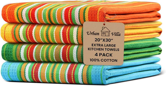 Urban Villa Salsa Stripe Kitchen Towels 100% Cotton Dish Towels for Kitchen Multi Color Highly Absorbent Multi-Purpose Waffle Dish Cloths for Cleaning Soft Hand Bar Towels 20x30 Inches (Set of 4)