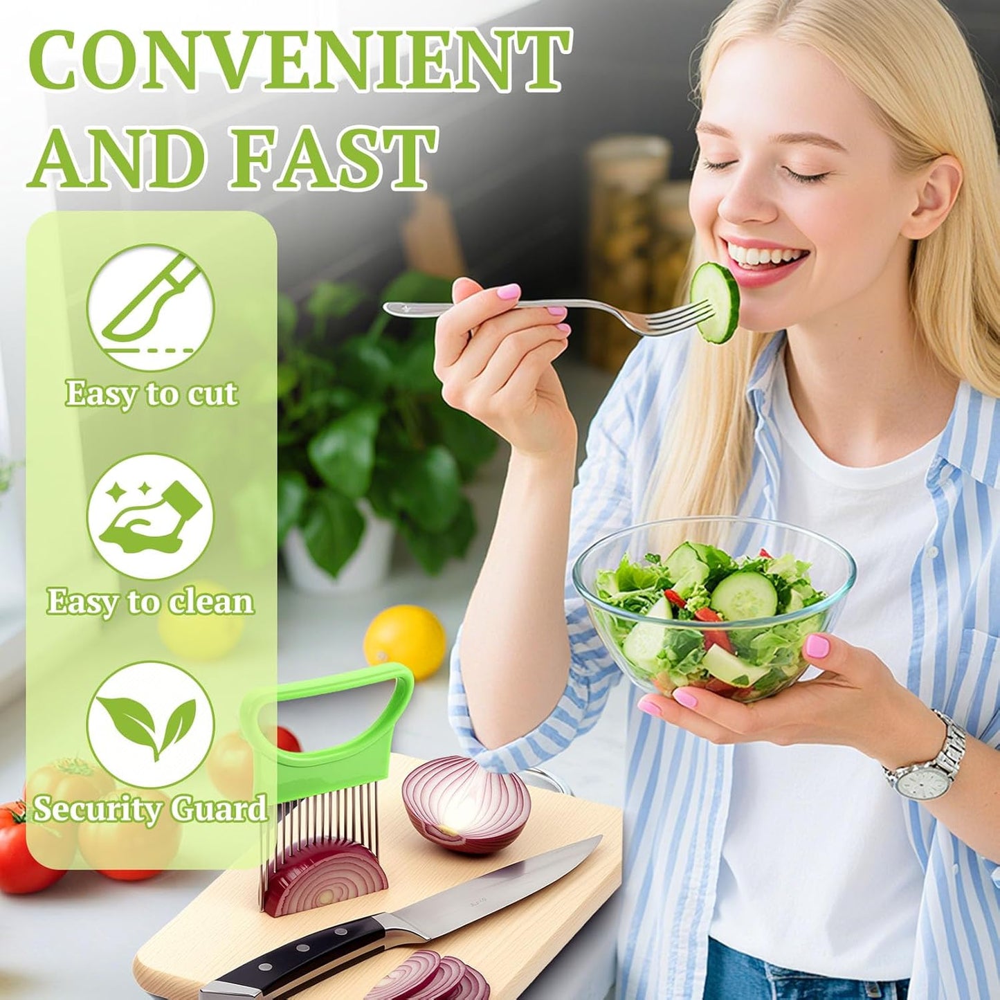 FANTEXY 3Pieces Onion Holder for Slicing, Stainless Steel Onion Cutter for Slicing, Potato Lemon Slicer Tomato Slicers Kitchen Comb for Vegetables, Fruit and Meat