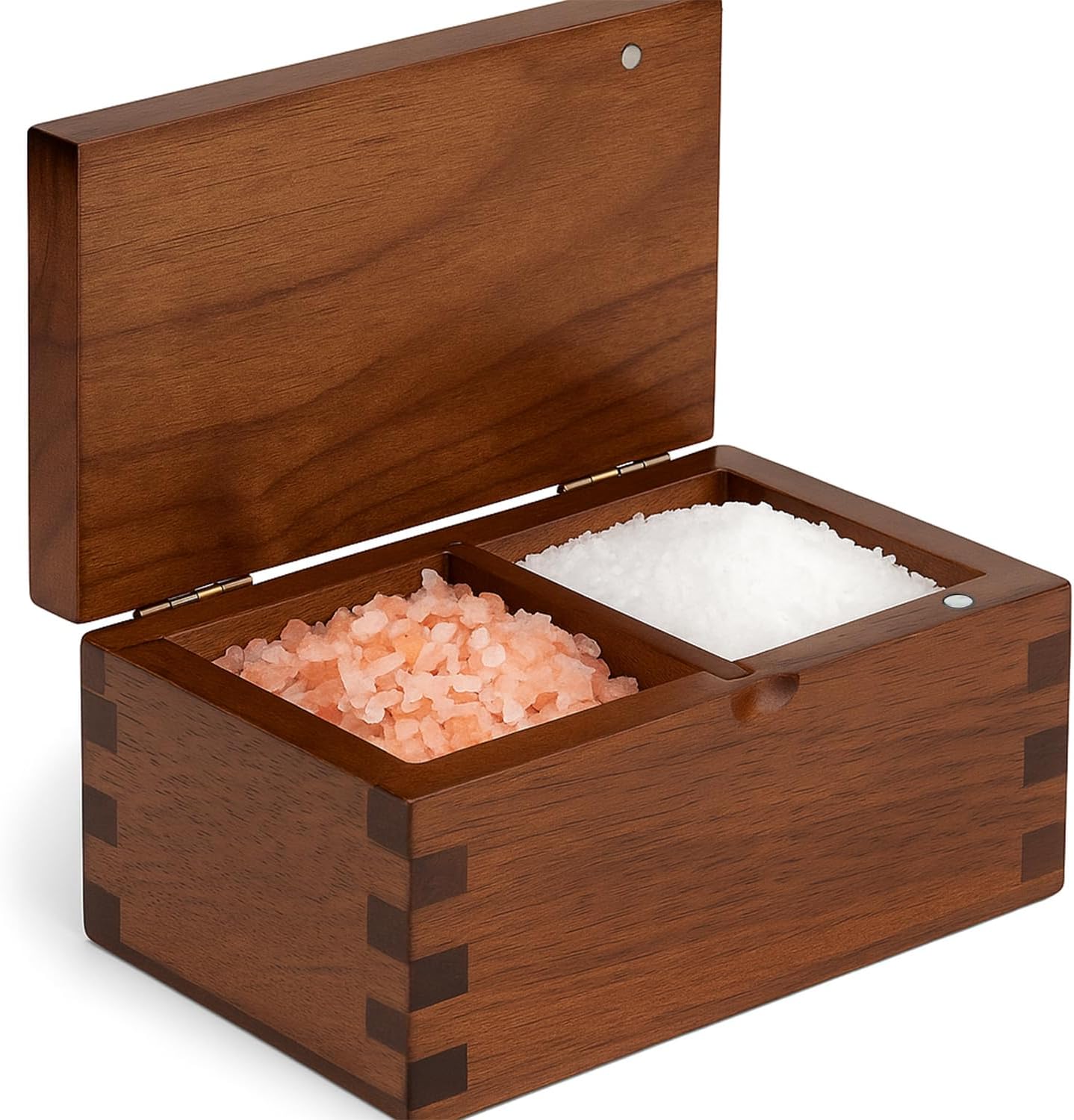 Demigo Salt Cellar Acacia Wood Salt Box with Flip Lid, 5.6x3.6x3 Inches 20 oz Large Storage Space, Perfect Container for Keeping Salt, Spice, Herbs or Favorite Seasonings (Dark Brown)