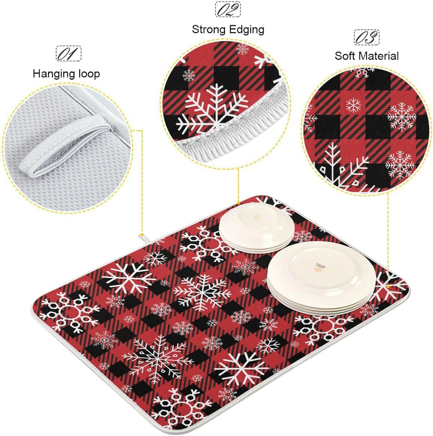 Snowflake Buffalo Plaid Dish Drying Mat for Kitchen Counter Christmas Absorbent Microfiber Drying Pad, Lager 18x24 in, Reversible Drainer Mats