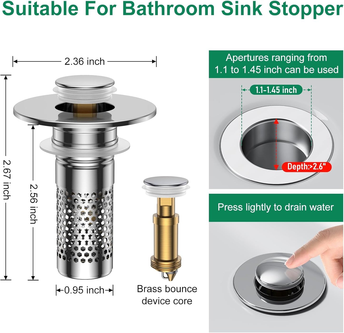 Bathroom Sink Drain Strainer,Universal Pop-Up Sink Stopper Hair Catcher, Anti-Clog Stainless Steel Drain Filter Basket, Removable Sink Drain for Bathroom Sink Stopper Replacement