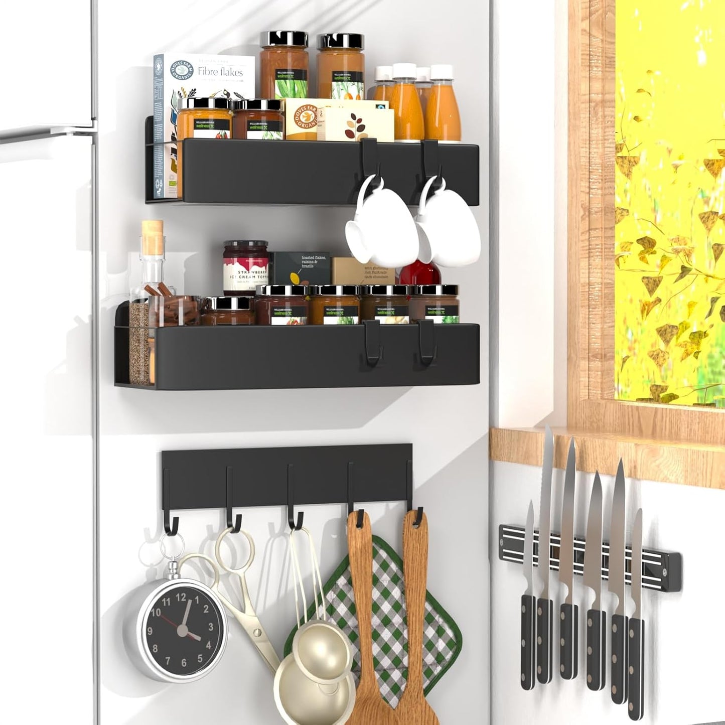 4 Pack Magnetic Spice Rack for Refrigerator,Metal Magnetic Shelf Black with Hook,Magnetic Knife Rack,4 Hooks,Space Saving for Home,Kitchen