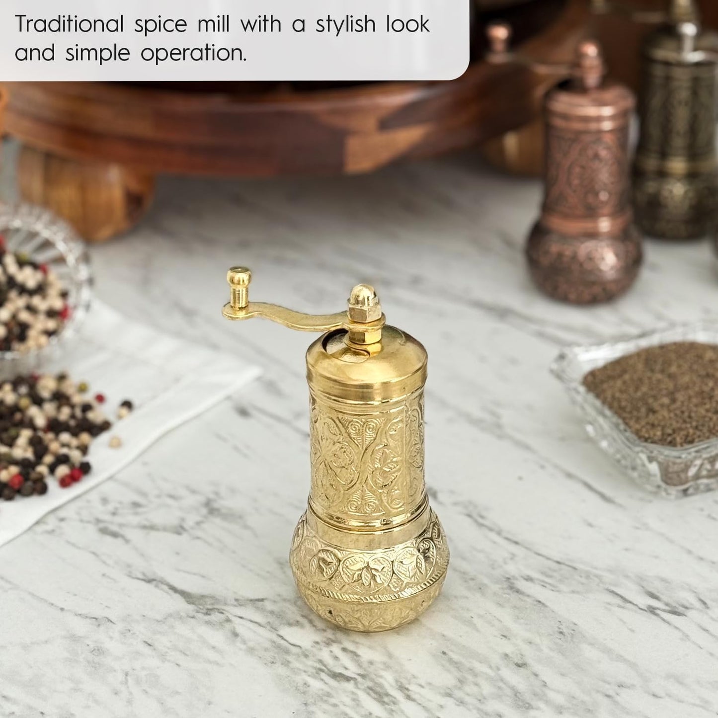 Handmade Decorative Black Pepper Grinder, Refillable Turkish Spice Mill Manual Pepper Mill with Handle, Spice Grinder Metal with Hand Crank 11 cm-4.3 inch