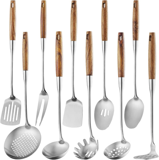 Lazycorner 304 Wooden Handle Stainlss Steel Kitchen Utensils Set 10 Pcs Cooking Utensils Set Heat Resistant Wooden Handle Kitchen Tools Metal Kitchen Utensil Spatula Sets