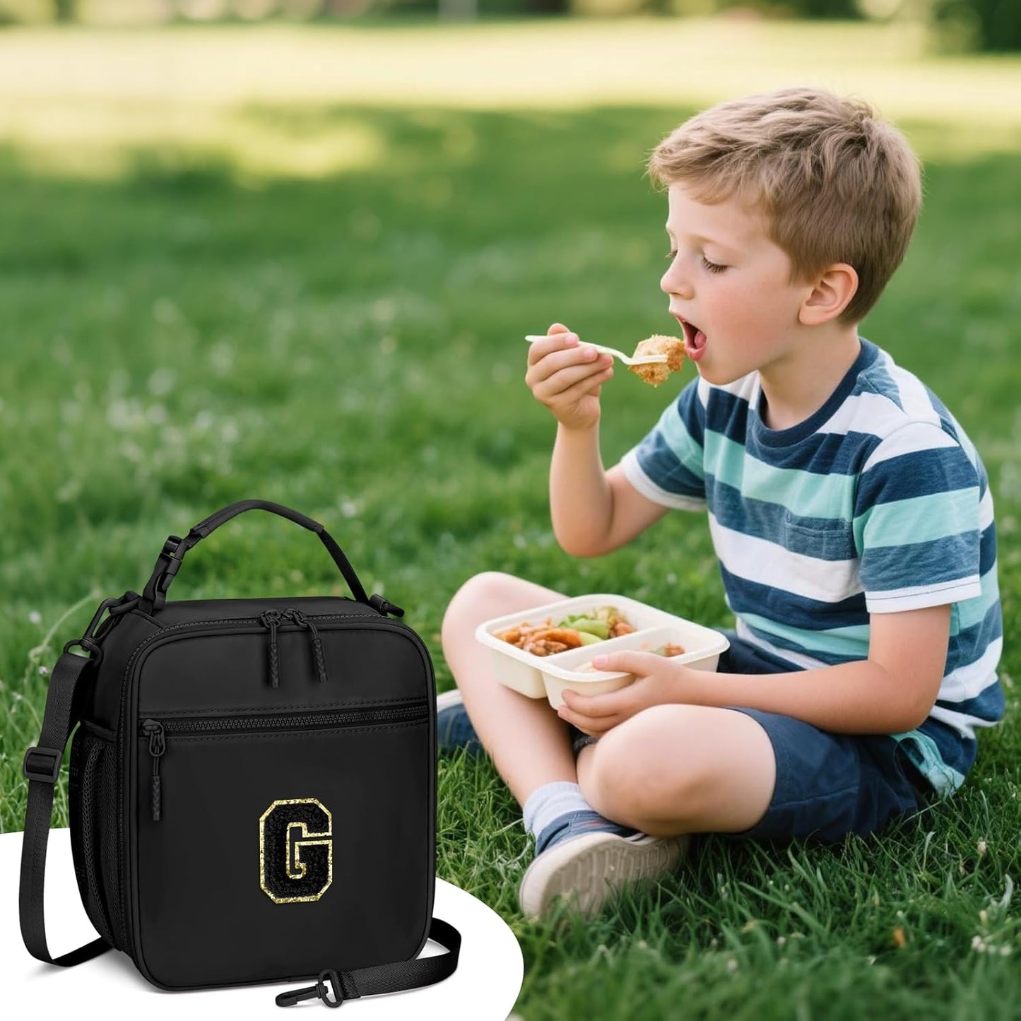 Initial Insulated Lunch Bag for Boys Kids, Back to School Gift, Reusable Leak-proof Lunch Box with Adjustable Strap for School Daycare Travel Picnic（Black，G）