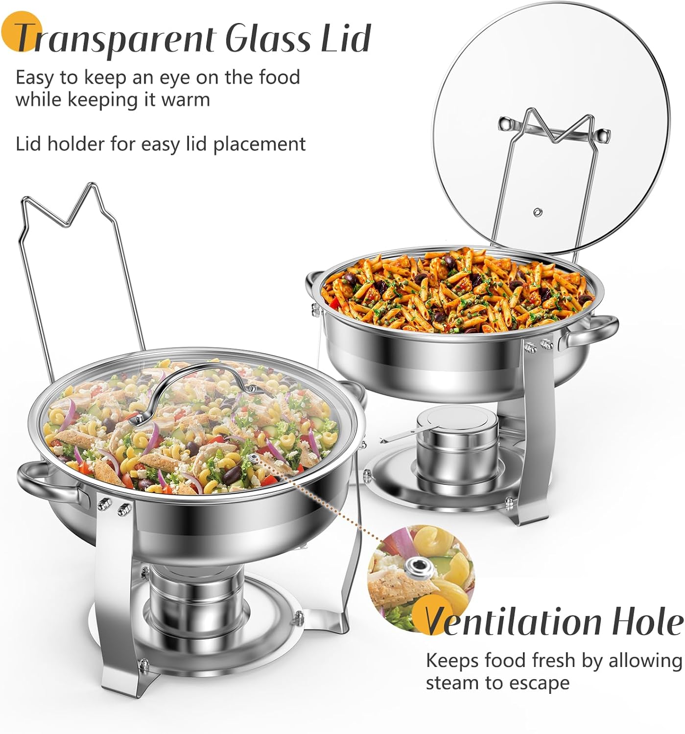 4 Packs 3 QT Round Chafing Dish Buffet Set, Stainless Steel Chafing Dishes with Glass Lid & Holder, Food Warmer for Parties Weddings Banquets Events
