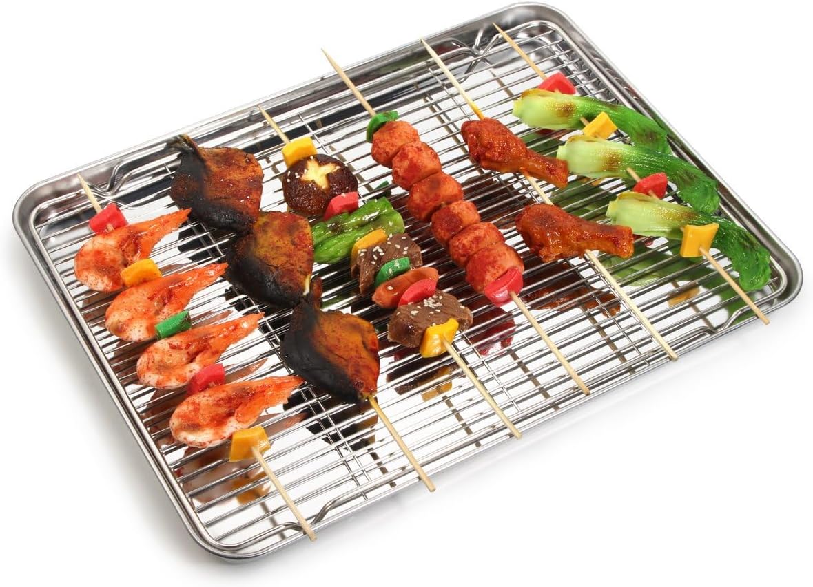 Baking Sheet with Rack Set, Yododo Set of 4 (2 Sheets + 2 Racks), Stainless Steel Cookie Sheet Baking Pan Tray with Cooling Rack, Non Toxic & Heavy Duty & Easy Clean - Size of 12 inch