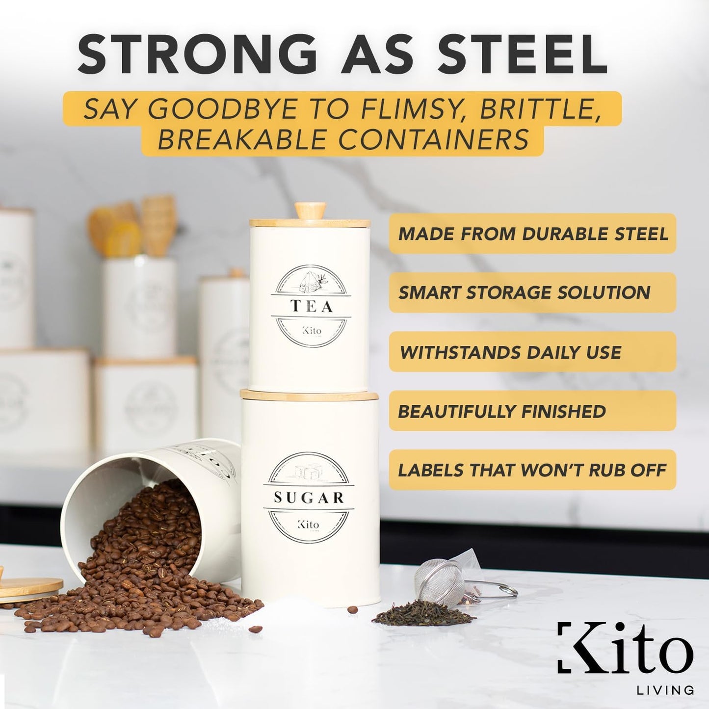 Canisters Sets for Kitchen Counter Storage and Organization with Wooden Bamboo Lids, Food Pantry Containers, Stackable Steel Storage Bins, Airtight Sugar Tea Coffee Canisters - Cream