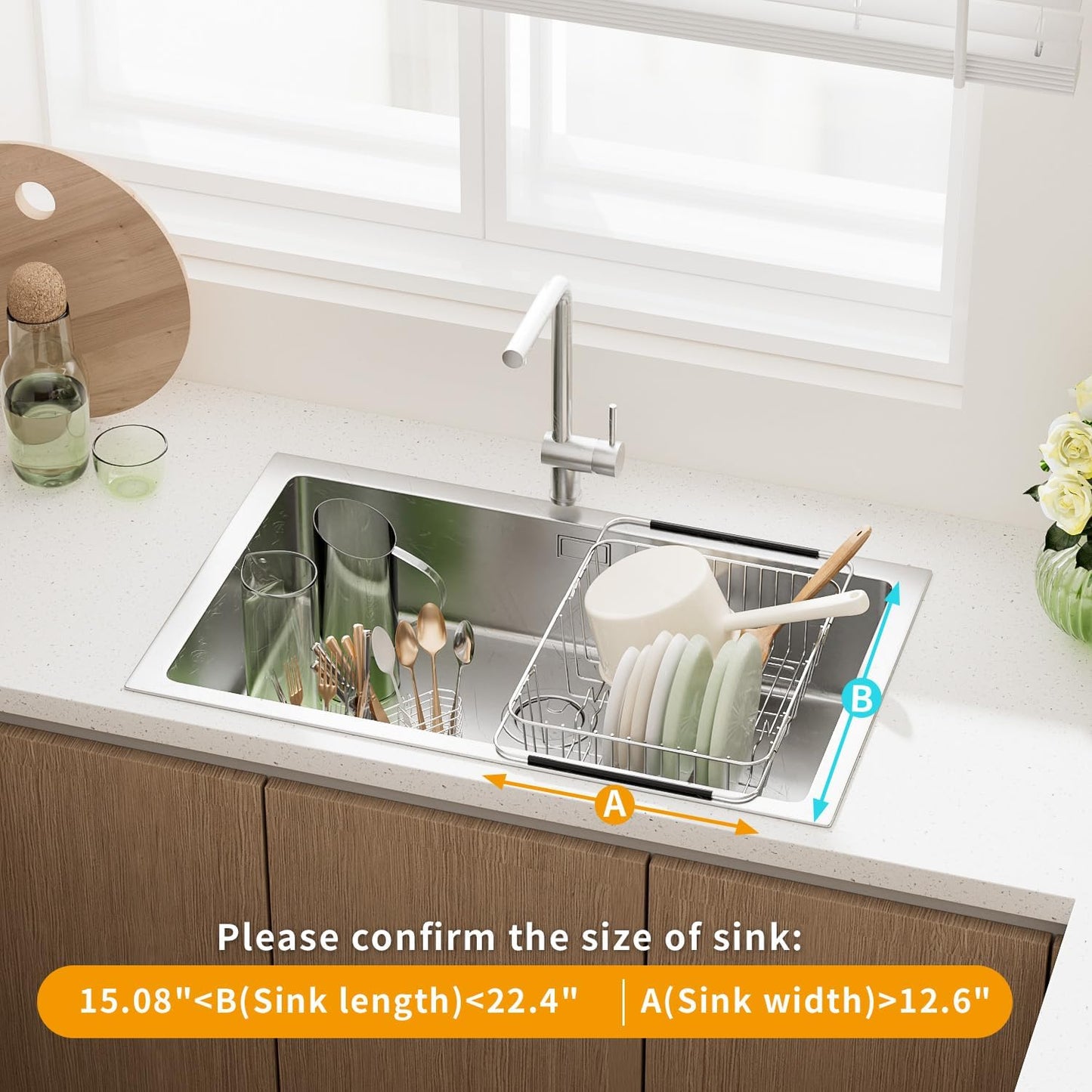 JAQ Dish Drying Rack in-Sink, 304 Stainless Steel Dish Drainer with Stainless Steel Silverware Holder Over Inside Sink-Adjustable 15.16" to 20.59" Maximium 13 Upright Dishes