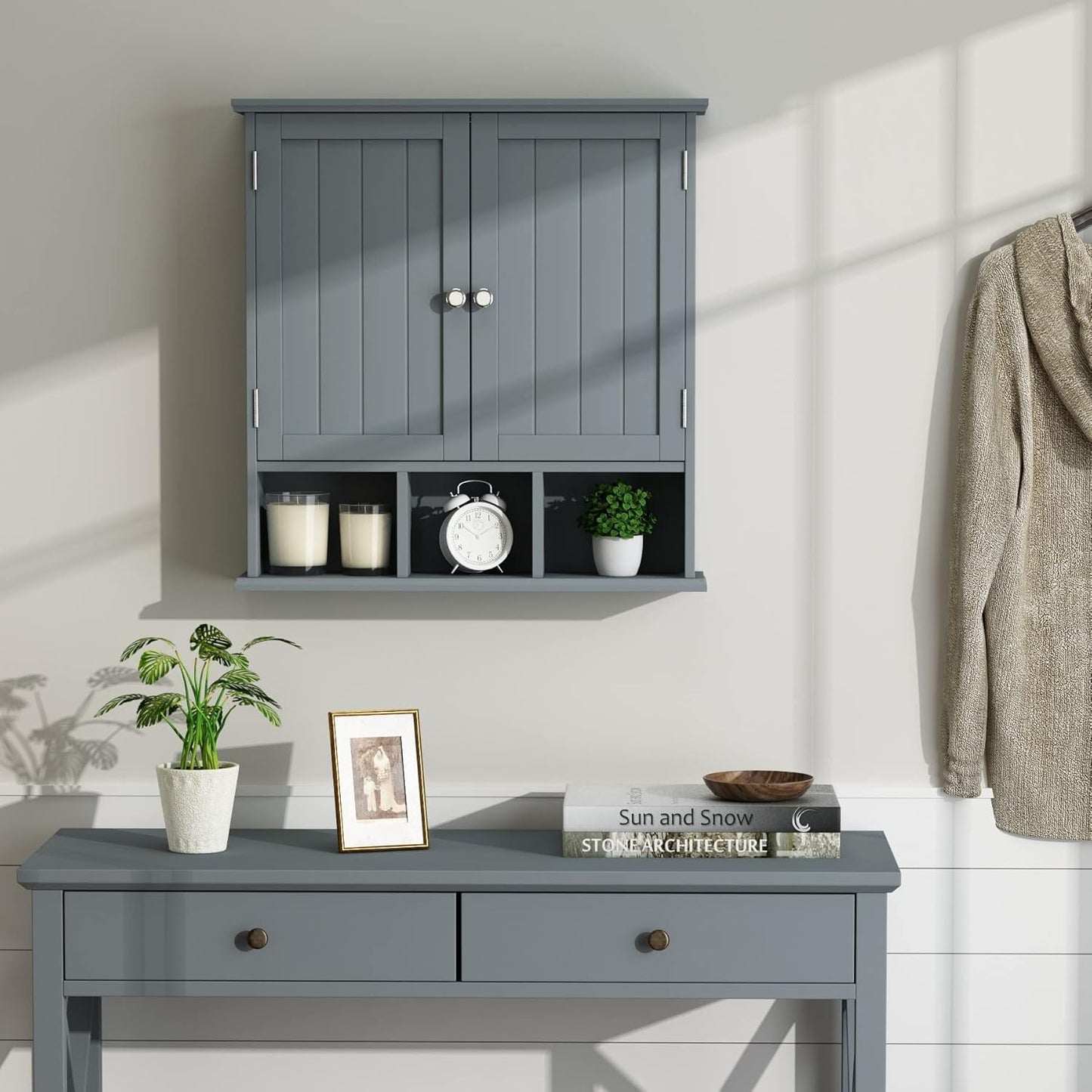 ChooChoo Bathroom Cabinet Wall Mounted 2-Door with 3 Open Shelves, Wooden Medicine Cabinets with Adjustable Shelf, Space Saver Storage Cabinets Over The Toilet for Bathroom&Living Room, Grey