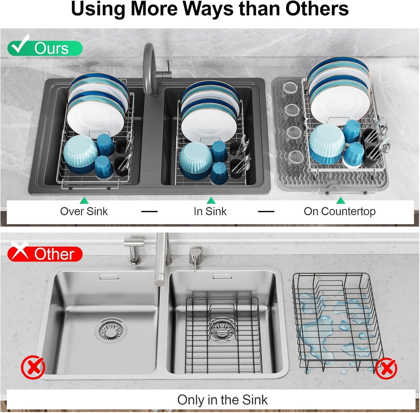 GSlife Stainless Steel Dish Drying Rack - Capacity Expandable in Sink Dish Drainer with Silicone Mat, Over Sink Dish Rack with Utensil Holder for Kitchen Counter, 10.8"-17.9" L x 12.8" W, Silver
