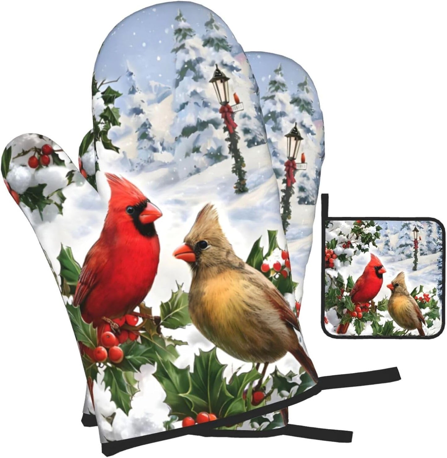 Winter Cardinal Christmas Oven Mitts and Pot Holders Sets of 3,Heat Resistant Hot Pads Oven Gloves for Cooking Grilling Baking, Christmas Kitchen Decor, for Women