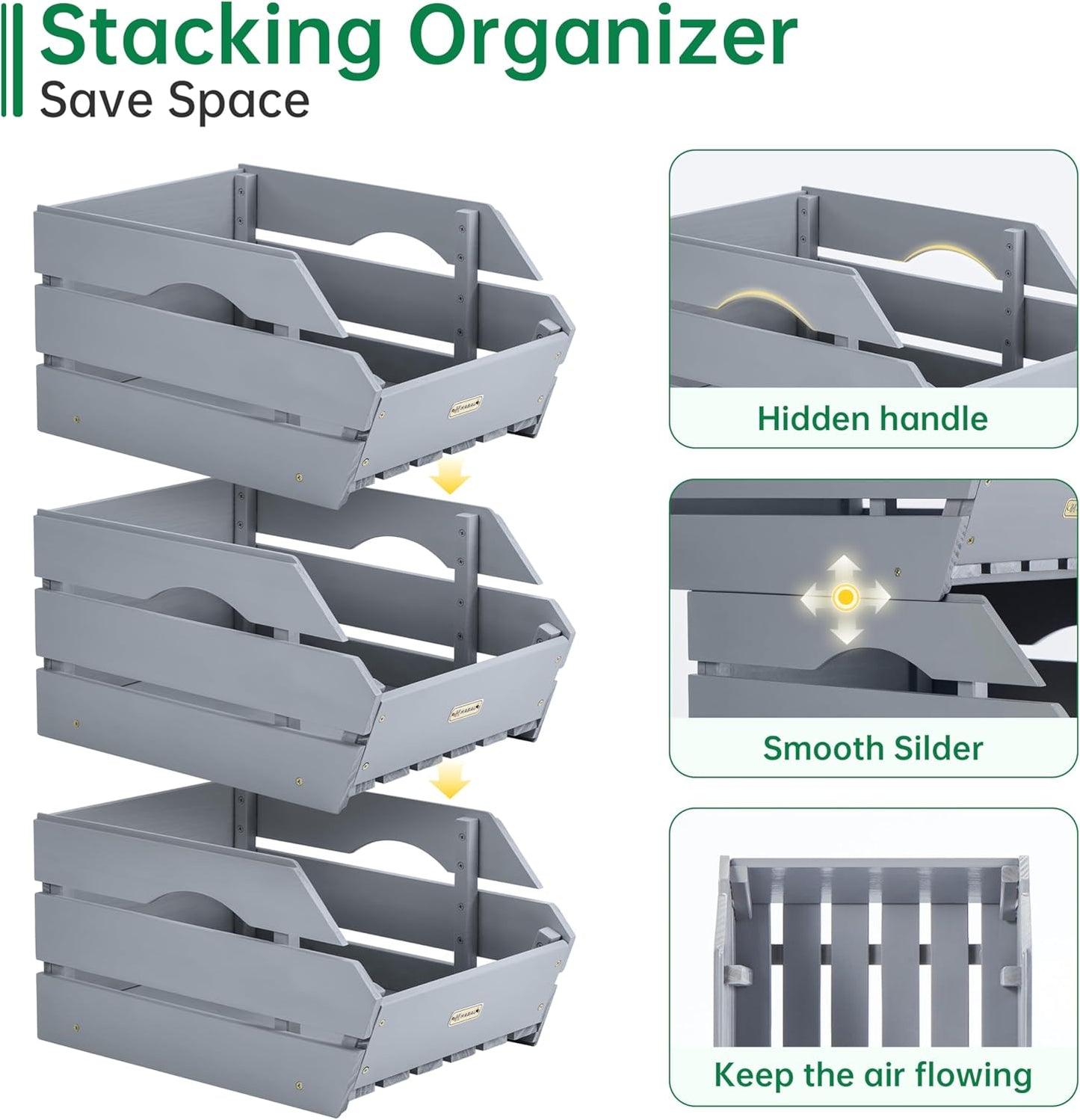 HABAU Wood Potato Onion Storage Bins - Wooden Stackable Produce Basket - Fruit Vegetable Storage for Kitchen Pantry Organization, Set 3 Pieces