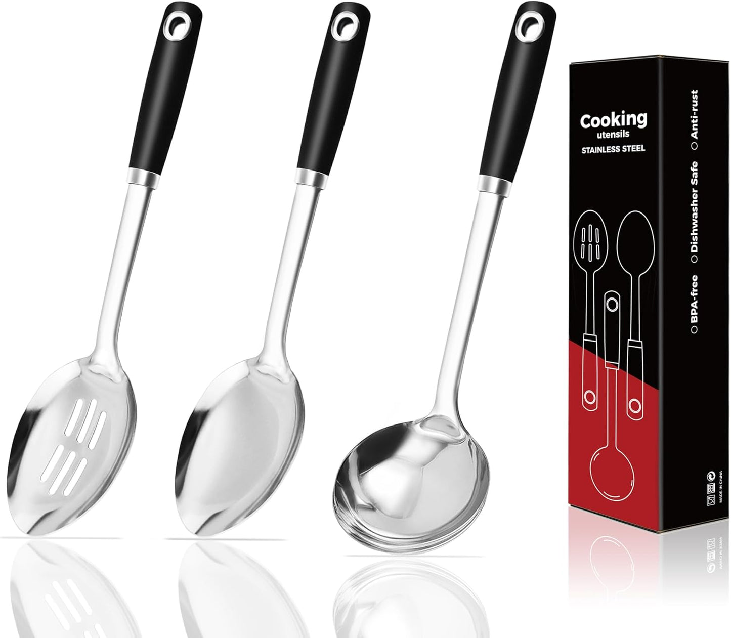 14-in Cooking Spoons Set, Heavy Duty 18/0 Stainless Steel Large Serving Spoons Set, Slotted Spoon, Cooking Spoon & Soup Ladle, Commercial and Residential Use, Pack of 3