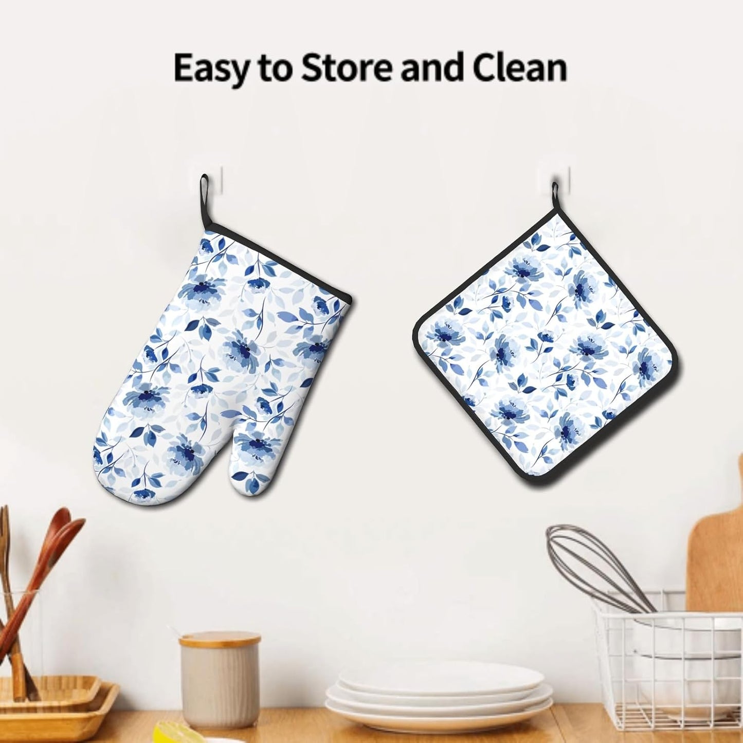 Blue Floral Oven Mitts Pot Holders Set of 2 Watercolor Leaves Heat Resistant Kitchen Mittens Potholders for Chef Baking Cooking Grilling