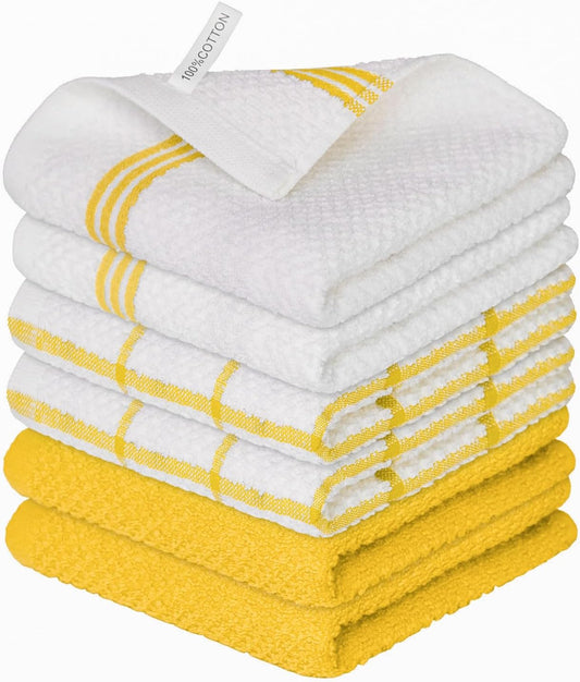 Artoid Mode Ring Spun Cotton Yellow Dishcloth Kitchen Towels, 12x12 Inch Ultra Soft Absorbent Quick Drying Household Cleaning Kitchen Rags Set of 6