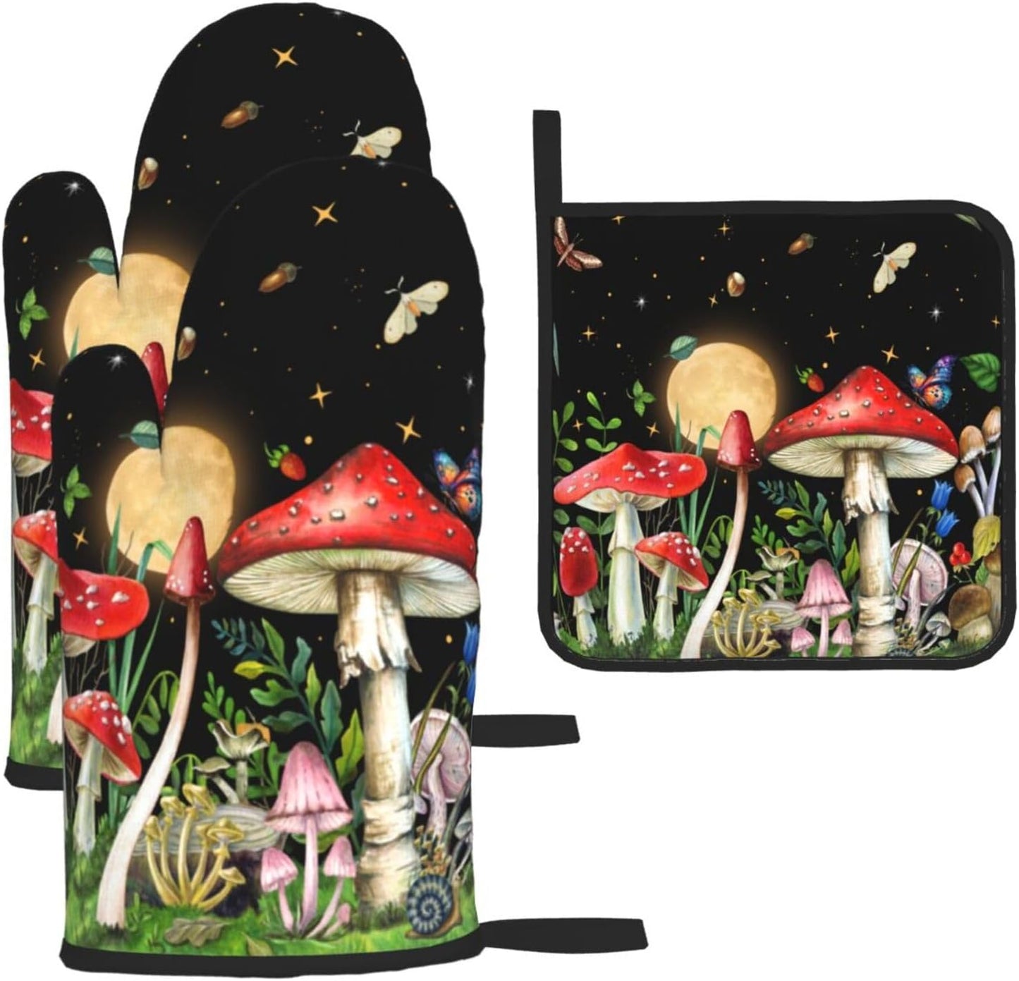 Cute Mushroom Oven Mitts and Pot Holders Sets of 3 Holiday Kitchen Decor Heat Resistant Witchy Hot Pads Oven Gloves for Cooking Grilling Baking