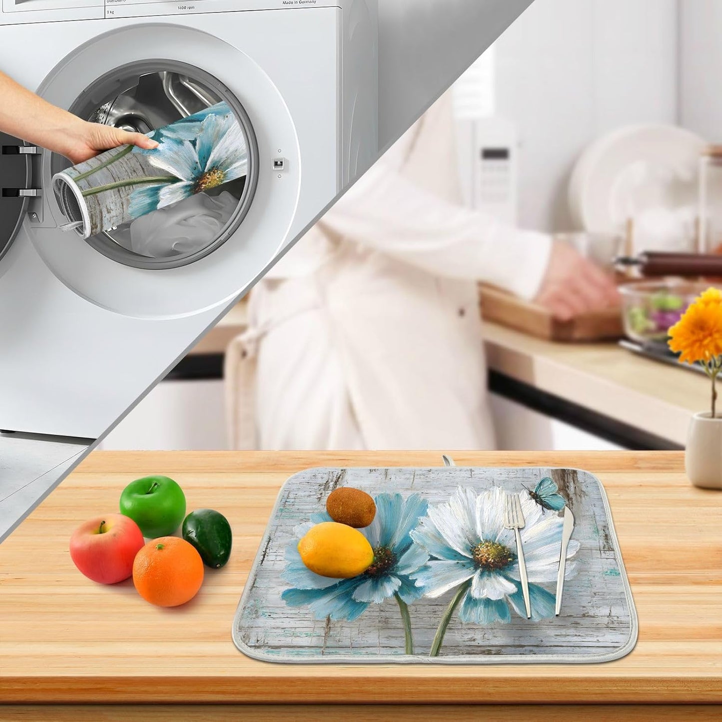 Rustic Teal White Daisy on Vintage Wooden Dish Drying Mat for Kitchen Counter Absorbent Microfiber Large Drying Pad Dish mats for Kitchen Countertops 18 x 24 Inch