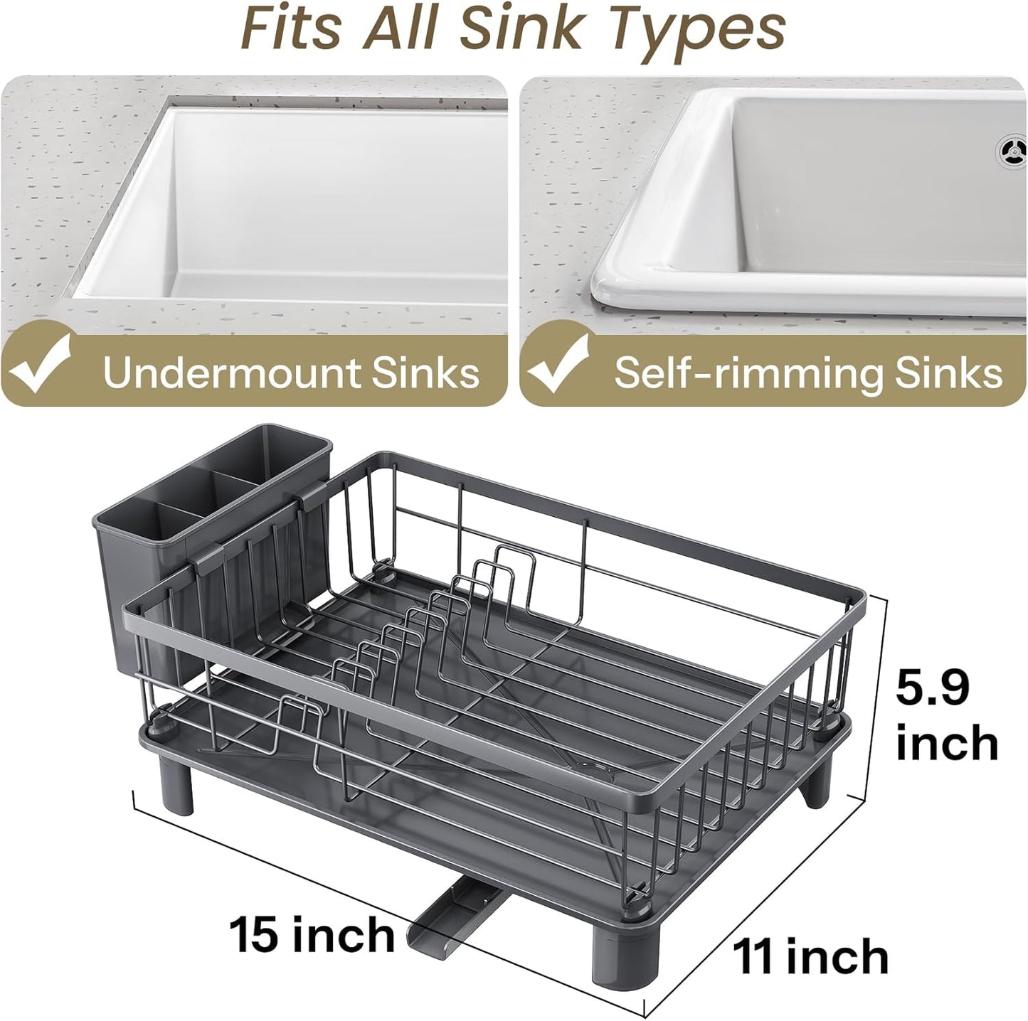 Dish Drying Rack - Small Dish Rack for Kitchen Counter, Stainless Steel Dish Drainer with Utensil Holder and Drainboard (Grey)
