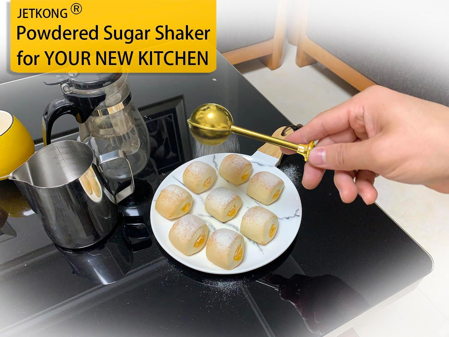 JETKONG Powdered Sugar Shaker Duster Flour Dispenser Shaker with 18/8 Stainless Steel Spring-operated Handle for Sugar Flour and Spices (Gold)