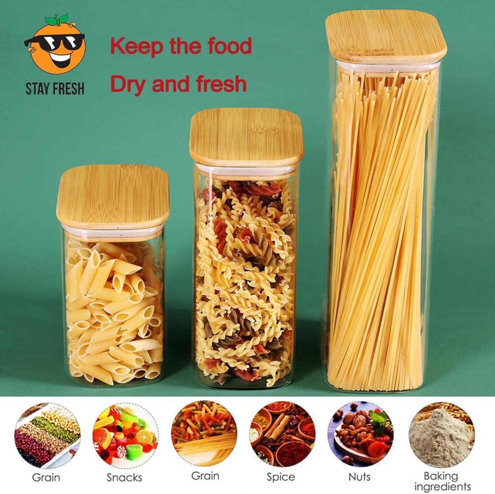 Glass Food Storage Containers with Lids 50 OZ, Set of 4 Canisters for Pantry, Cereal, Flour & Rice, Rectangle Jar with Bamboo Airtight Lids - Ideal for Kitchen Organization