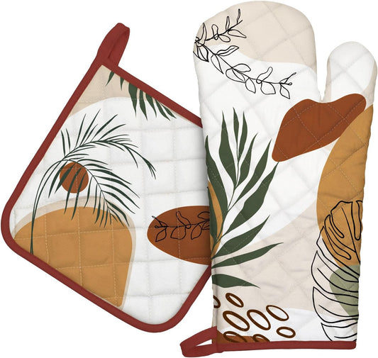 Boho Leaf Oven Mitts and Pot Holders Sets 2Pcs, 100% Cotton Heat Resistant, Vintage Extra Long Oven Gloves Potholder for Kitchen Cooking Baking Decoration