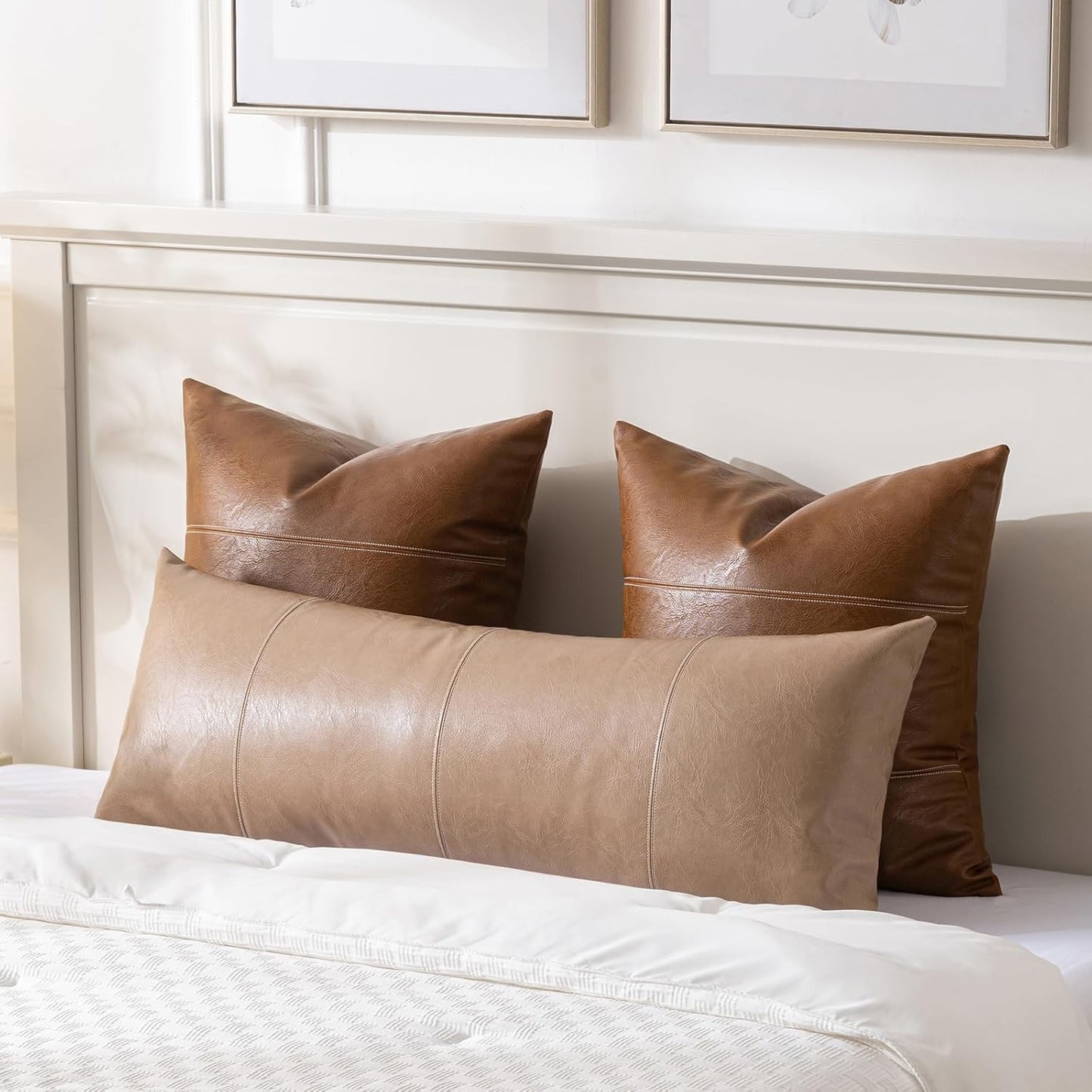 Fancy Homi Tan Long Lumbar Waterproof Faux Leather Body Decorative Throw Pillow Cover 14x36 Inch for Bedroom Couch Bed Bench, Beige Hand Stitched Cushion Case, Taupe Modern Farmhouse Room Decor