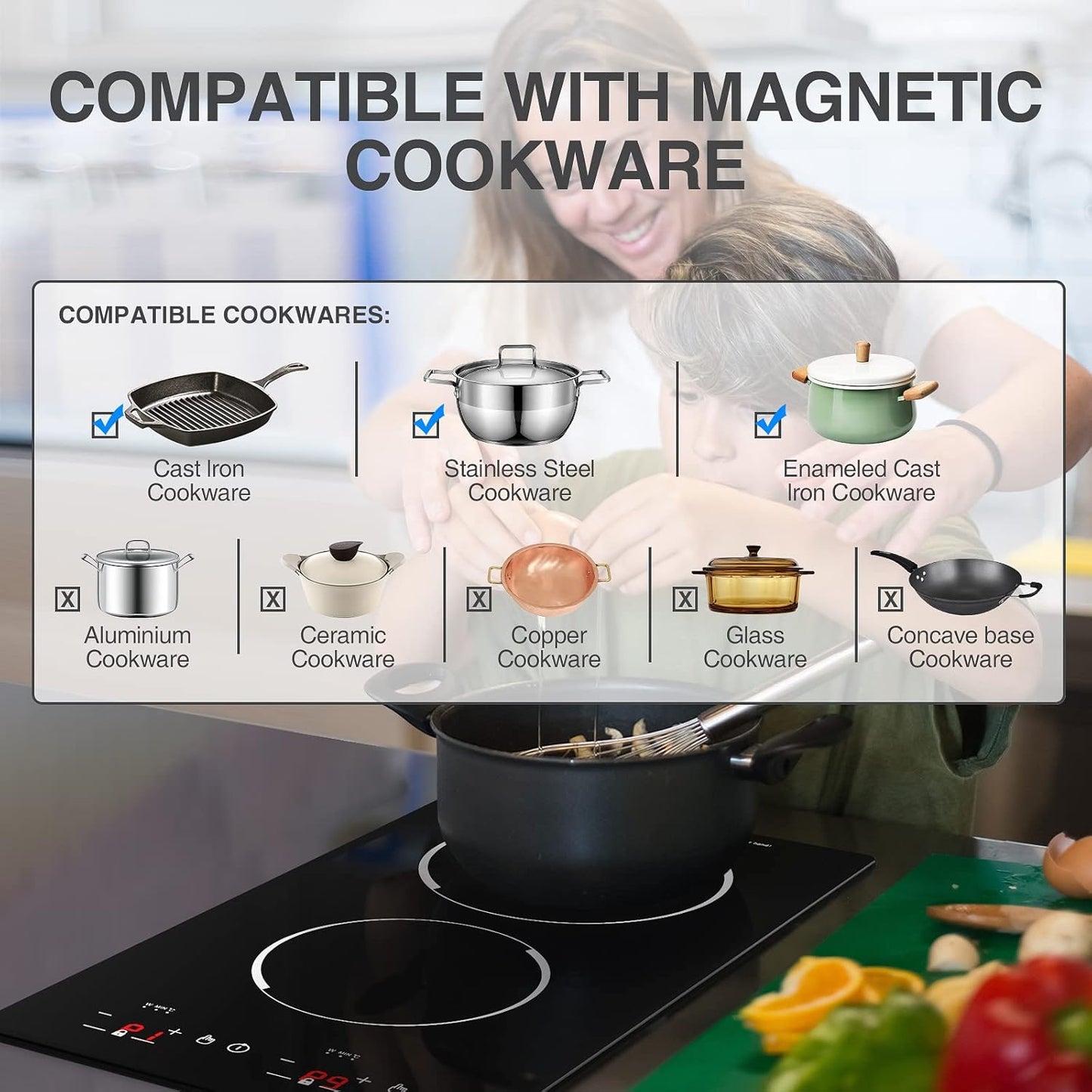12“ Induction Cooktop, Double Induction Cooktop 2 Burner 110v-120v Electric Stove Top, Countertop and Built-in, 9 Power Levels, Child Lock, 120 Mins Timer