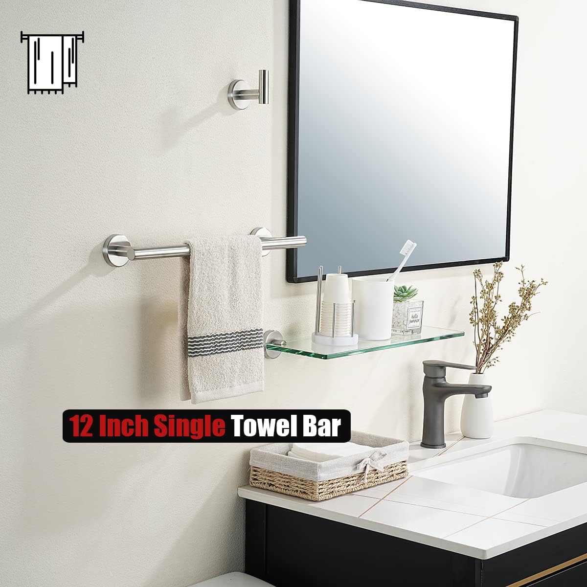 JQK Bathroom Towel Bar, 15 Inch 304 Stainless Steel Thicken 0.8mm Towel Rack, Towel Holder Brushed Finished Wall Mount, Useable Length 12 Inch, TB110L12-BN