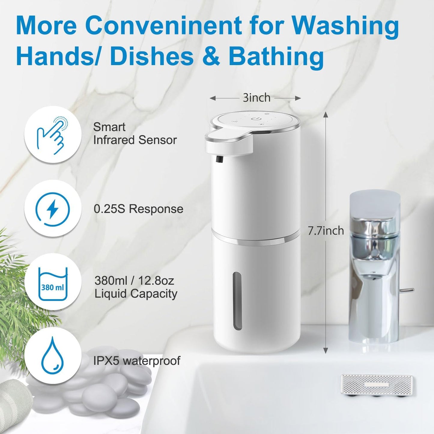Automatic Foaming Soap Dispenser, 4-Level Adjustable Foam, Wall Mount, USB Rechargeable, 12.8oz/380ml, Touchless Hand & Dish Soap Dispenser for Bathroom, Kitchen, Hotel, Restaurant