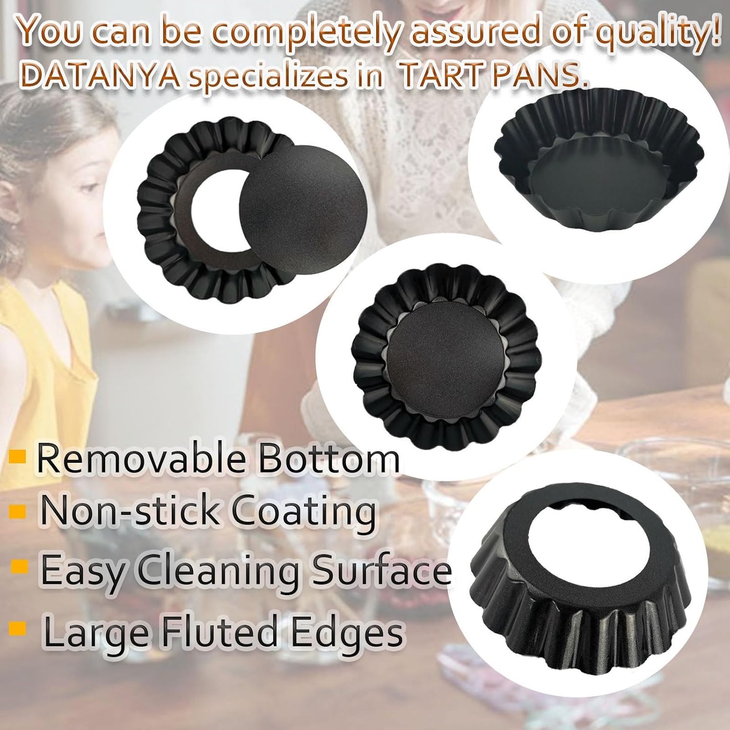 DATANYA 24Packs Mini Tart Pans 3 Inch with Removable Botttom, Carbon Steel Fluted Tart Tin Shell Mold Round Nonstick 3'' Quiche Pans for Pies, Mousse Cakes, Dessert Baking