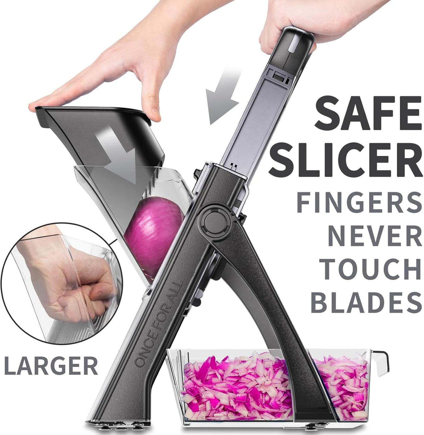 ONCE FOR ALL Safe Mandoline Slicer For Kitchen, Biger Size, Adjustable Vegetable Chopper Food Slicer Potato French Fry Cutter with Peeler, Detachable, Kitchen Chopping Artifact (Black)