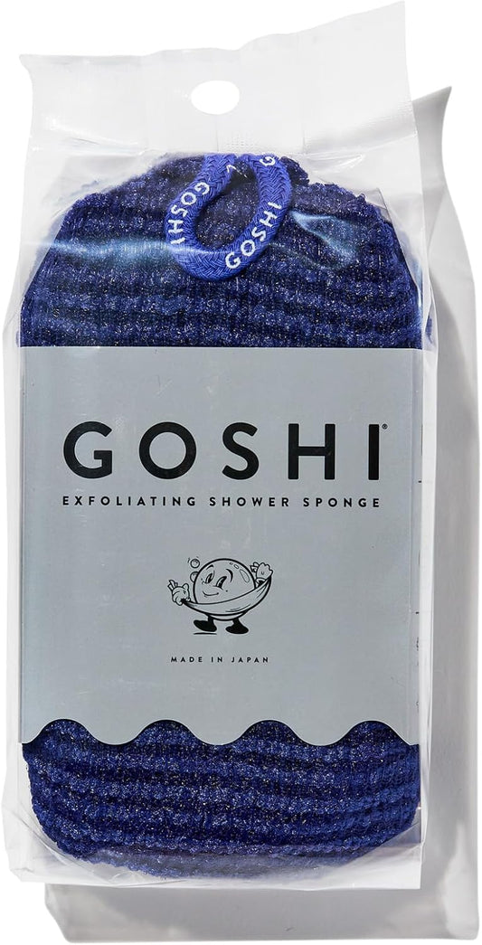 GOSHI Exfoliating Shower Sponge - Rip-Resistant, Rapid-Drying Exfoliating Bath Sponge for All Skin Types - Indigo Blue - Made in Japan