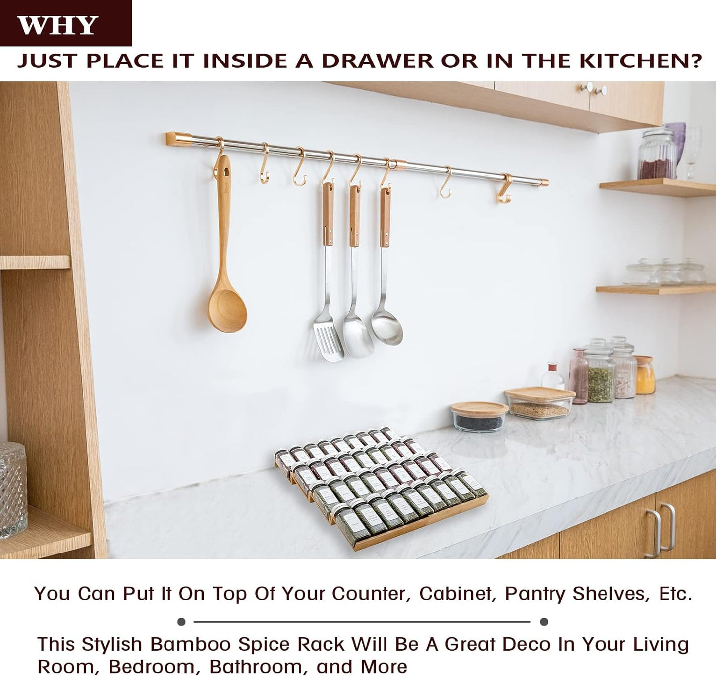 Bamboo Spice Rack Drawer Organizer - 8 Piece Set - 8" or 16" Wide