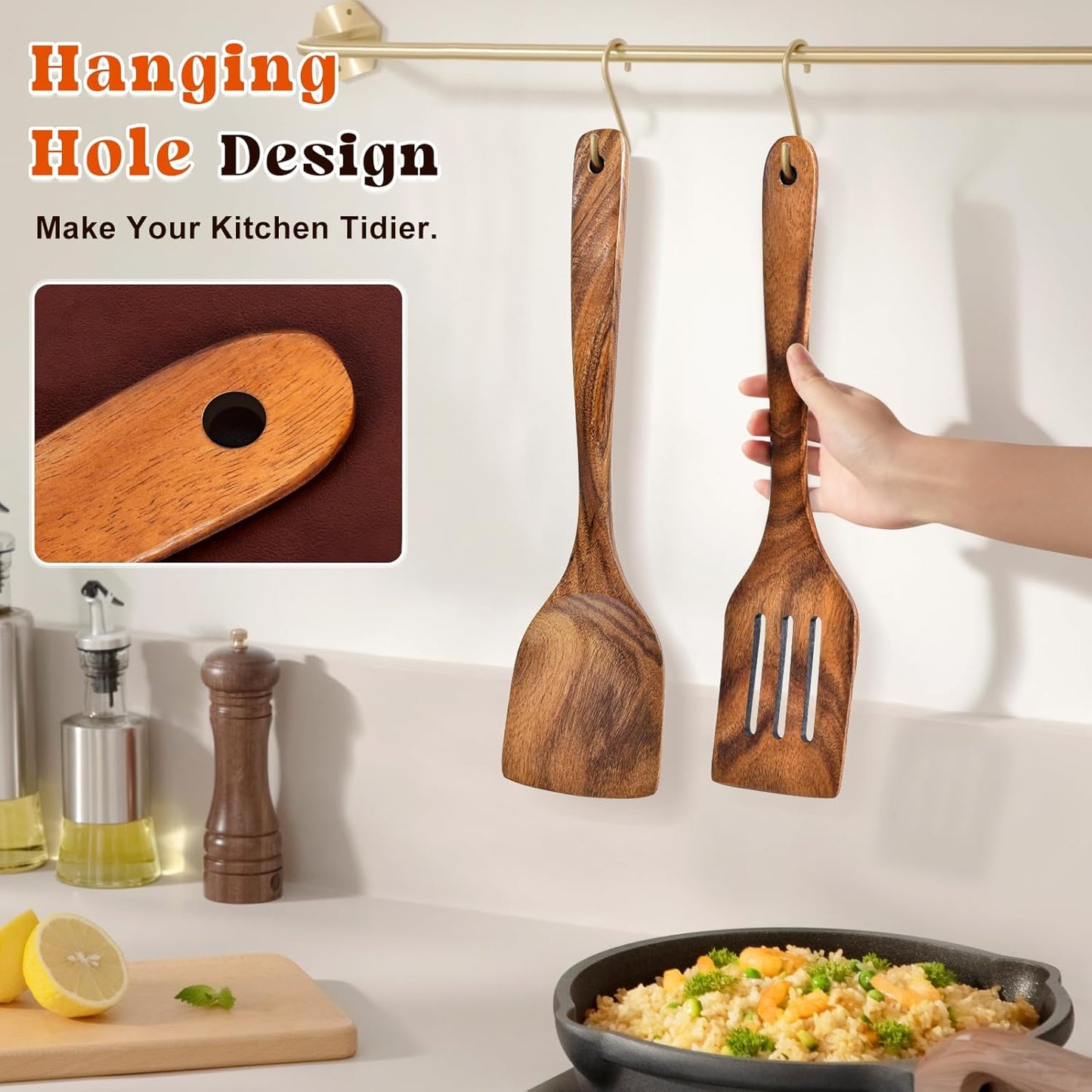 2Pcs Wooden Spatula, Acacia Solid & Slotted Turner Spatula Set, Long Handle Flat Frying Spatulas, Ideal Kitchen Gift for Mother and Grandma, Kitchen Utensils Set for Cooking, Frying, Baking