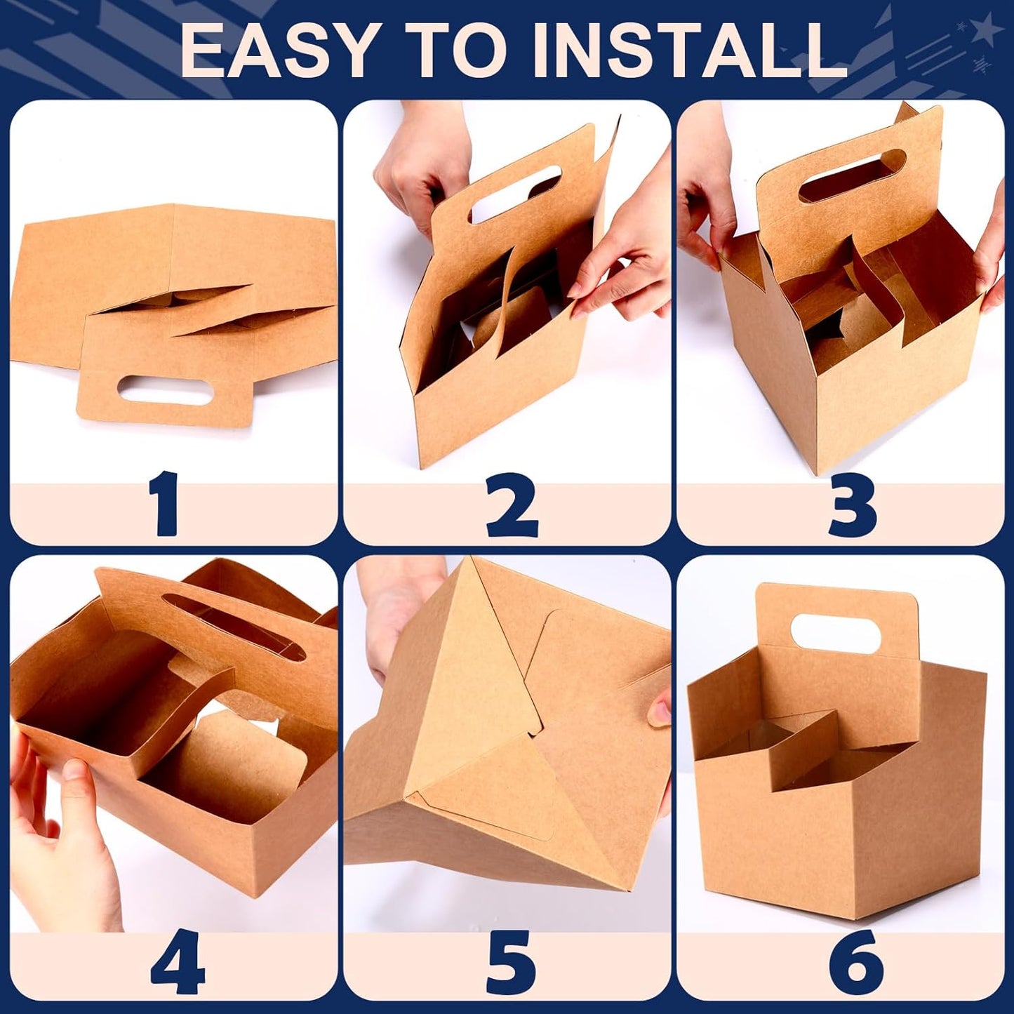 Jetec 4 Cup Drink Carrier with Handle, Kraft Paperboard Beer Carrier, Disposable Drink Holder for Hot or Cold Drinks, 12-16 oz Bottle Holder for Soda and Other Bottled Products(50 Pcs,Brown)