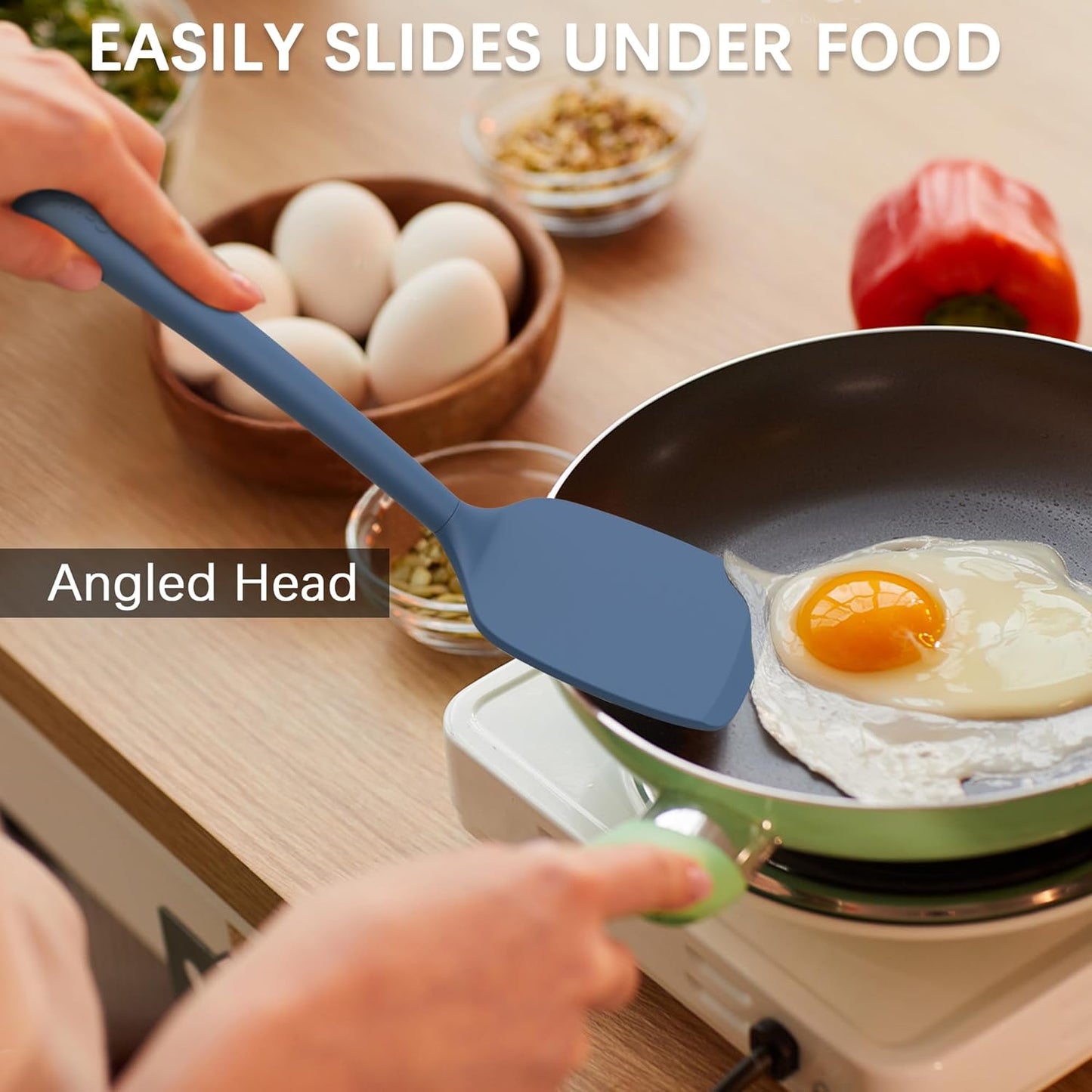 Coukre Silicone Spatula Set of 3, High Heat Resistant, BPA-Free, Kitchen Utensils, Fish Spatula, Solid & Slotted Turner for Non-Stick Pans, Flipping Eggs, Pancakes, Fish, Burgers (3, PureDarkBlue)