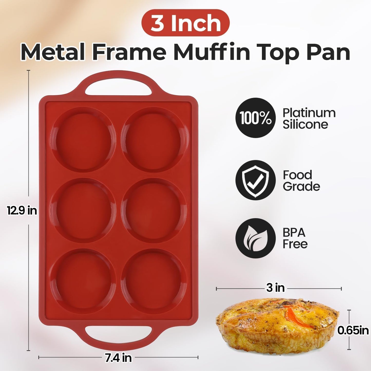 CAKETIME Muffin Top Pan, 3 Inch Metal Reinforced Frame Silicone Egg Molds for Breakfast Sandwiches Non Stick Round Silicone Egg Pan for Baking English Muffins, Whoopie Pies, Corn Bread, Tarts Brown