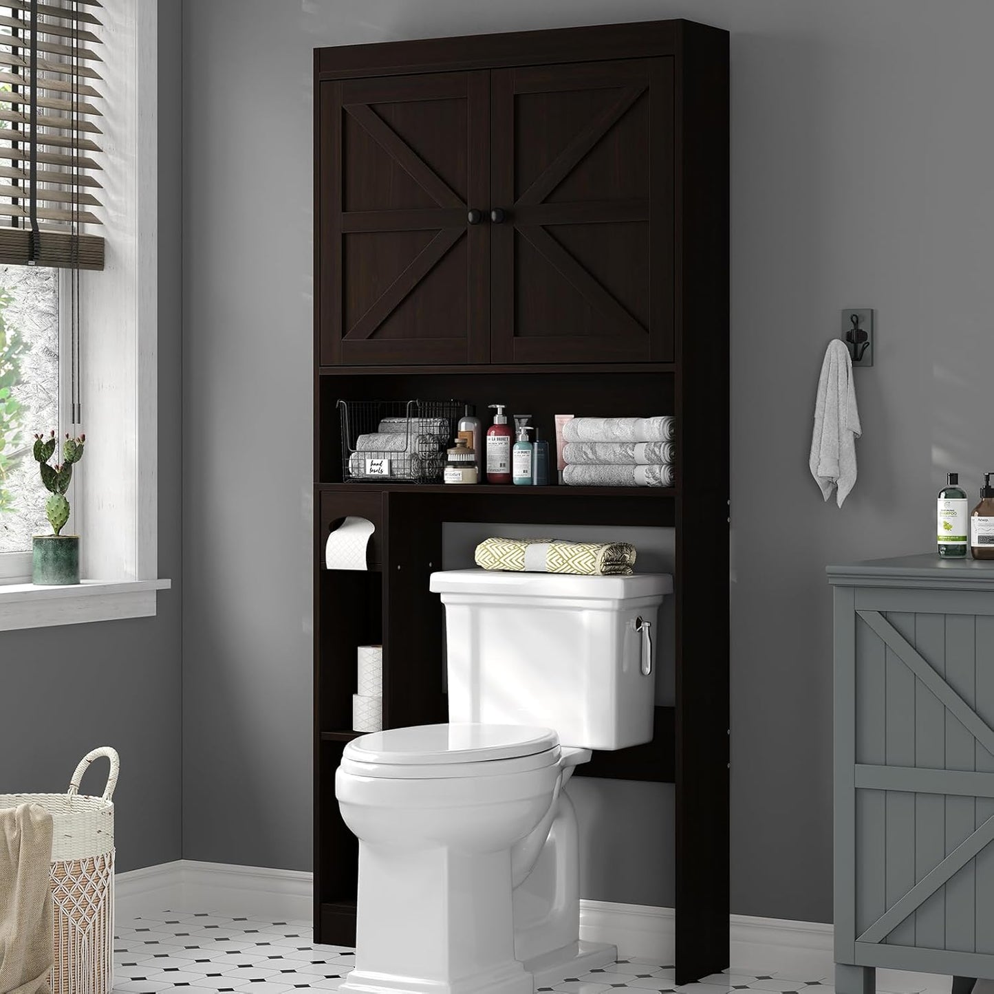 Furnideco 32.3''W Over The Toilet Storage Cabinet with Barn Doors, Over Toilet Shelf Farmhouse Storage Cabinet Space Saver with Toilet Paper Holder & Adjustable Bottom Bar, Espresso