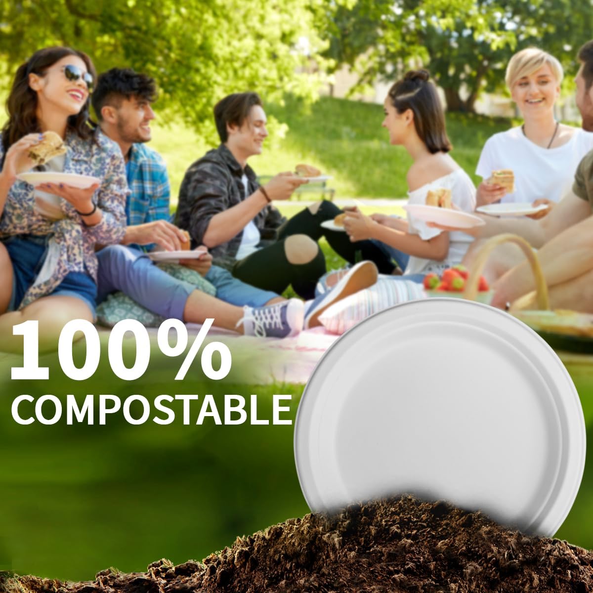7 Inch Compostable Paper Plates 【White 150 Pack】, 100% Sugarcane Bagasse Small Dessert Plates, Bulk Disposable Plates, Sturdy Heavy Duty, Biodegradable Dinnerware for Party, Picnic, BBQ
