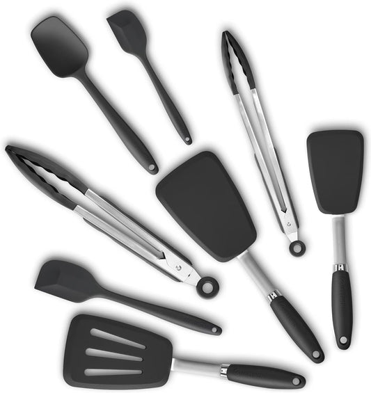 Silicone Spatulas Set Turners Tongs Cooking Utensils Set High Heat Resistant Kitchen Scraper Spatulas for Cooking Mixing Baking BPA Free Dishwasher Safe, Black