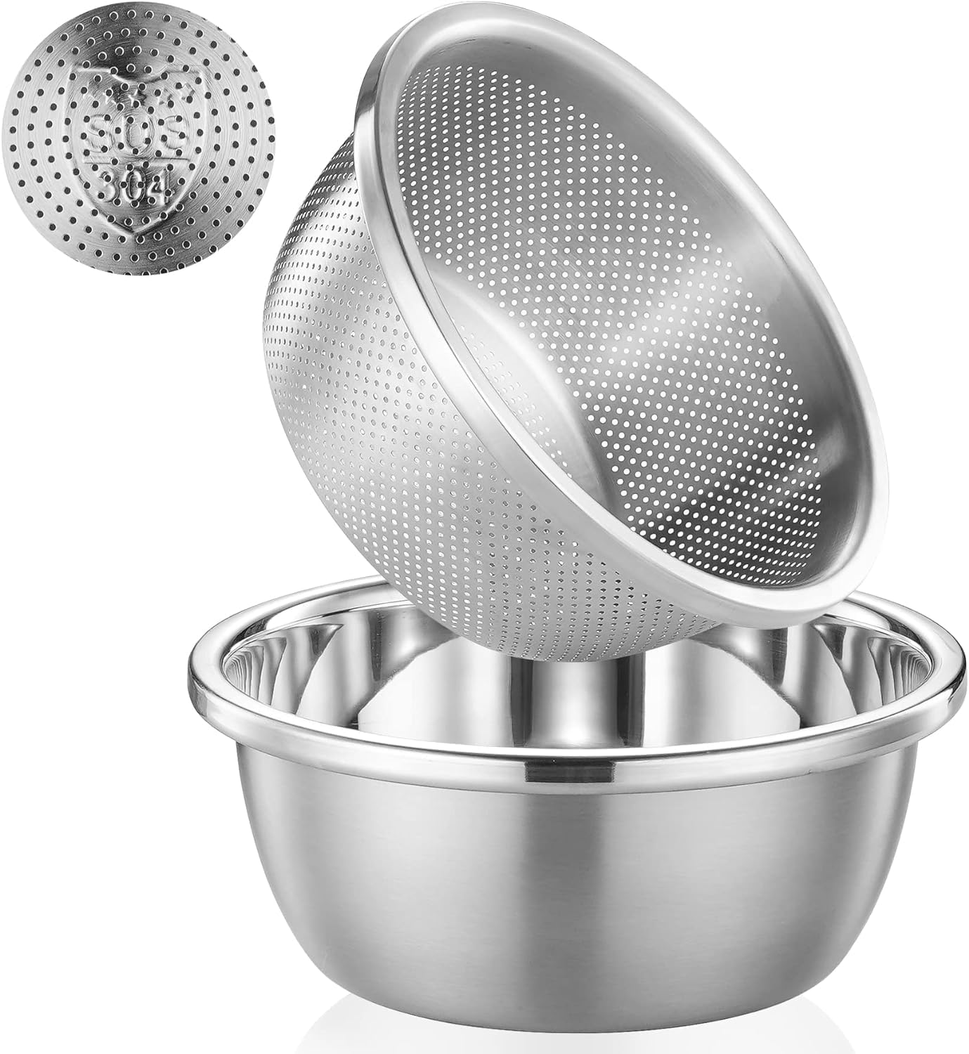 304 Stainless Steel Colander 2QT Microporous Colander & Mixing Bowl for Kitchen Cooking,Rice Strainer with Washing Bowl for Pasta Straining,Fruit Washing,Vegetable Draining(2PCs)