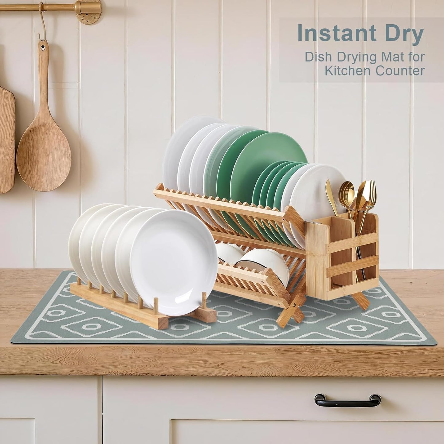 SUEH DESIGN Dish Drying Mat, Absorbent Coffee Mat 23.6 x 15.7 in Quick Dry Kitchen Drying Dish Drain Mat for Kitchen Counter Coffee Bar, Green