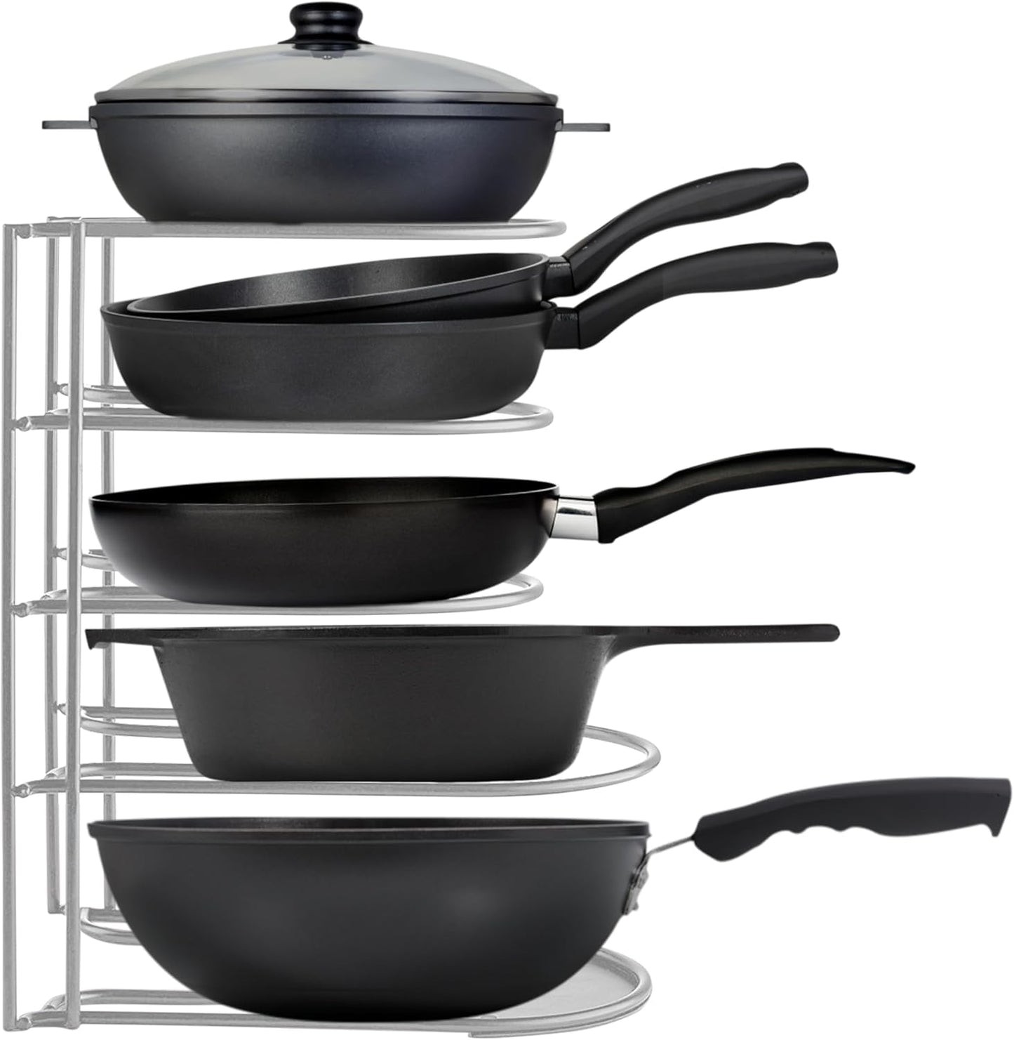 Heavy-Duty Pots and Pans Organizer | 5-Tier Cookware & Lid Storage Rack | Free-Standing or Wall-Mount | Kitchen Organizer for Cast Iron Skillets, Pots, Frying Pans, Lids | Chrome