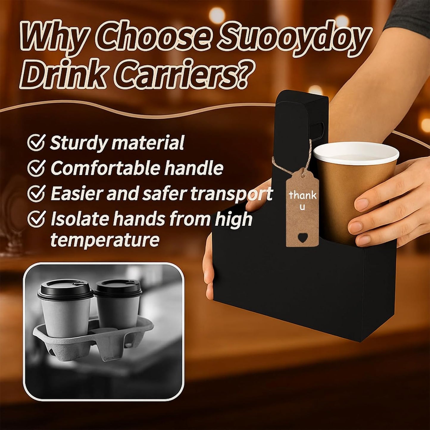 10 Pack 2 Cup Disposable Drink Carrier with Handle Paperboard Coffee Cup Holder Portable for Hot Cold Drinks Food Delivery Services with Heart Card for Teacher Appreciation Week Mother's Day