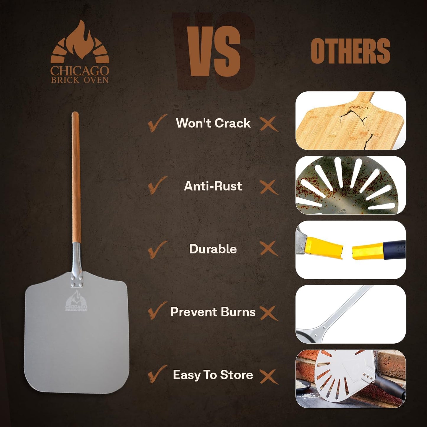 Chicago Brick Oven Pizza Peel 12" x 14", Pizza Paddle, 35.5" Long Aluminum Metal Pizza Peel with Detachable 21" long Wooden Handle, Pizza Turning Spatula, Pizza Shovel