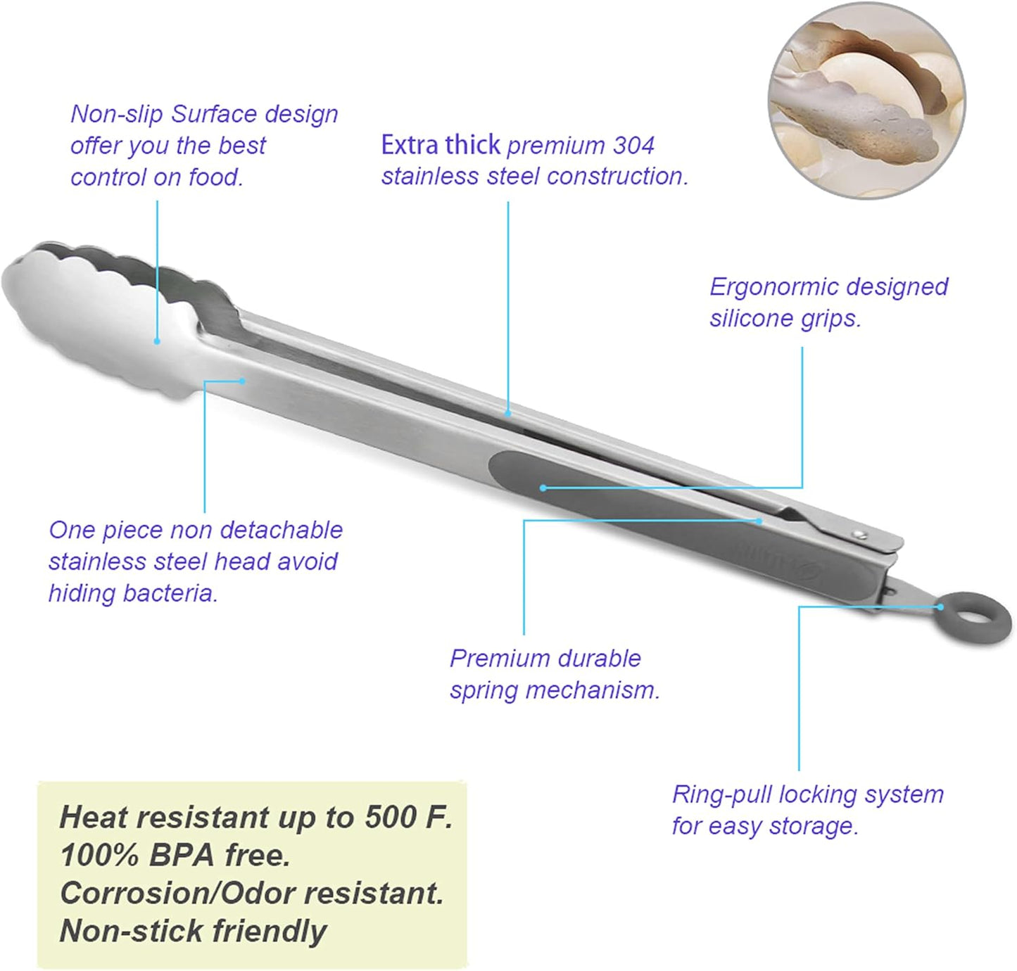 304 Stainless Steel Kitchen Cooking Tongs, 12" and 14" Set of 2 Sturdy Grilling Barbeque Brushed Locking Food Tongs with Ergonomic Grip, Grey