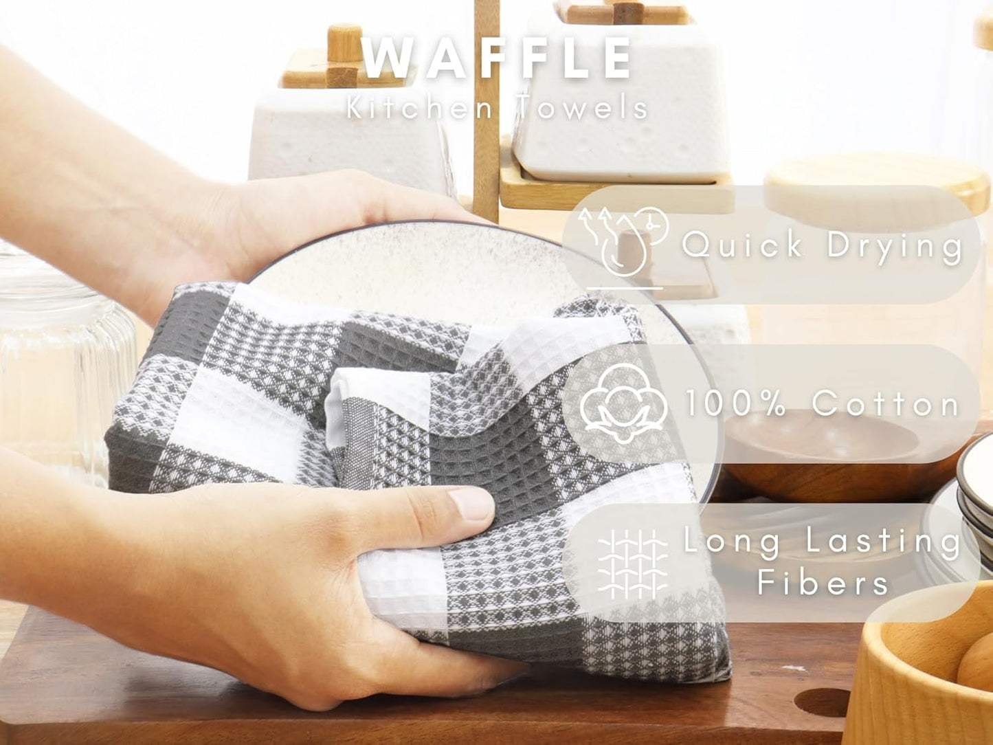 PurpleEssences 100% Cotton Waffle Weave Check Plaid Kitchen Towels, Super Soft and Absorbent Dish Towels for Drying Dishes 15 x 25-4 Pack - Spring Summer - Steel Grey and White